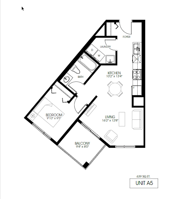A black and white image of a floor plan for a unit labeled A5.