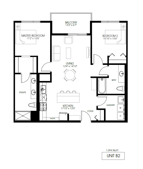 A black and white image of a floor plan for a one bedroom apartment.
