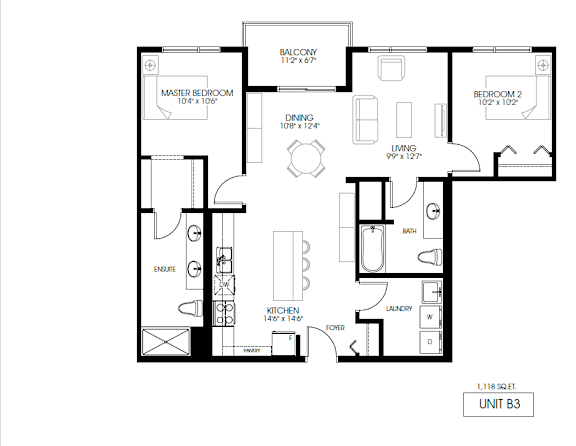 A black and white image of a floor plan for Unit B3.