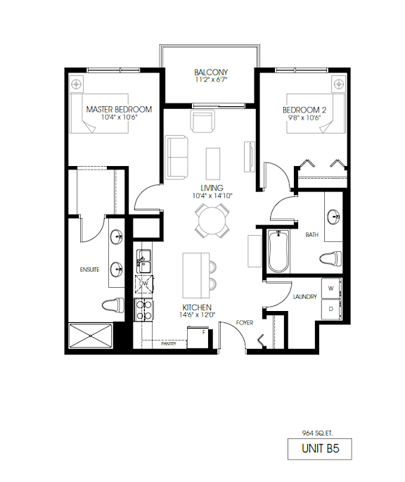 A black and white floor plan of a balcony apartment with a master bedroom, living room, kitchen, bathroom, and laundry room.