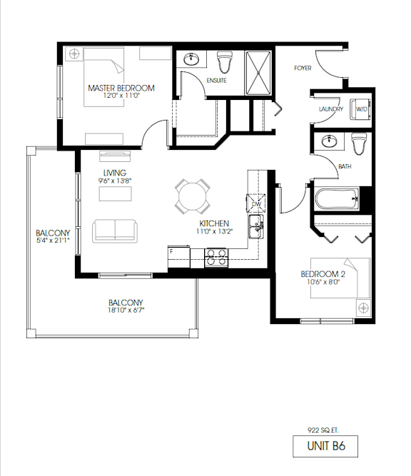 A black and white image of a floor plan for a unit labeled B6.