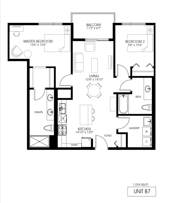 A black and white image of a floor plan for a unit labeled B7.