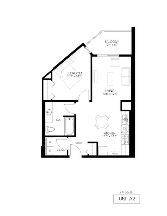 A black and white drawing of a floor plan for Unit A2.