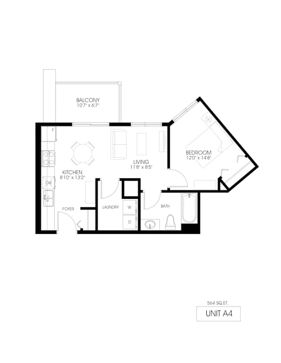 A floor plan of a 564 square foot apartment with a bedroom, living room, kitchen, and bathroom.