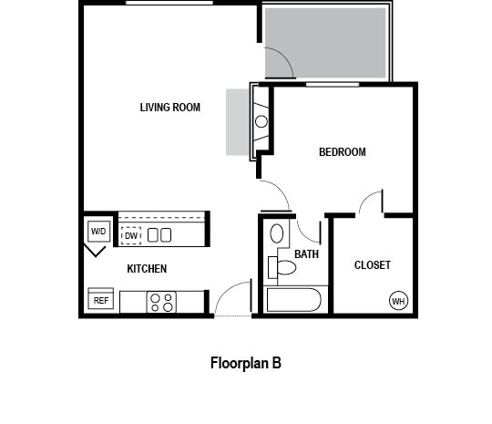 One bedroom One bathroom Floor Plan with 605 square feet, at Charbonneau, Seattle, WA