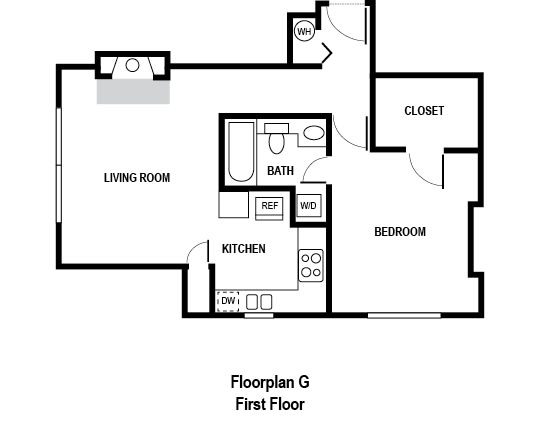 One Bed One Bath Floor Plan with 615 square feet, at Charbonneau, Washington, 98101