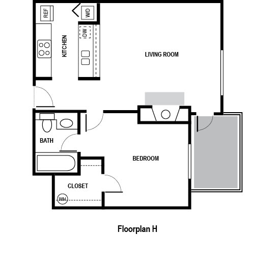 Floor Plan  One Bed One Bath Floorplan H with 593 square feet, at Charbonneau, Seattle, WA, 98101