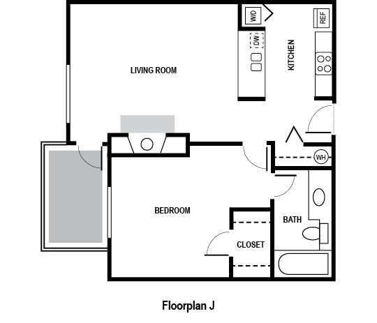 One Bed One Bath Floorplan J with 642 square feet, at Charbonneau, Seattle, 98101