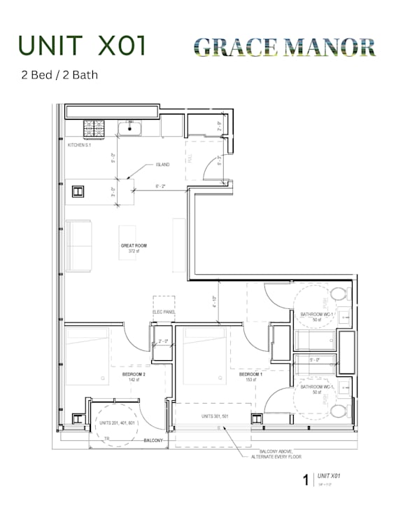 A floor plan for a 2 Bedroom, 2 Bathroom unit at Grace Manor.