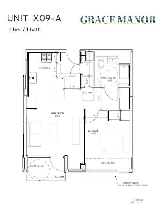 A floor plan for a 1 Bed/1 Bath unit at Grace Manor.