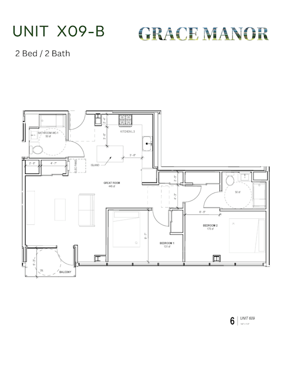 A floor plan for a 2 Bedroom, 2 Bathroom unit at Grace Manor.