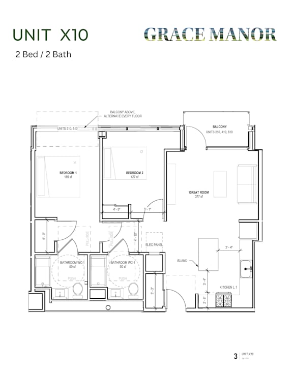 A floor plan for a 2 bedroom, 2 bathroom unit at Grace Manor.