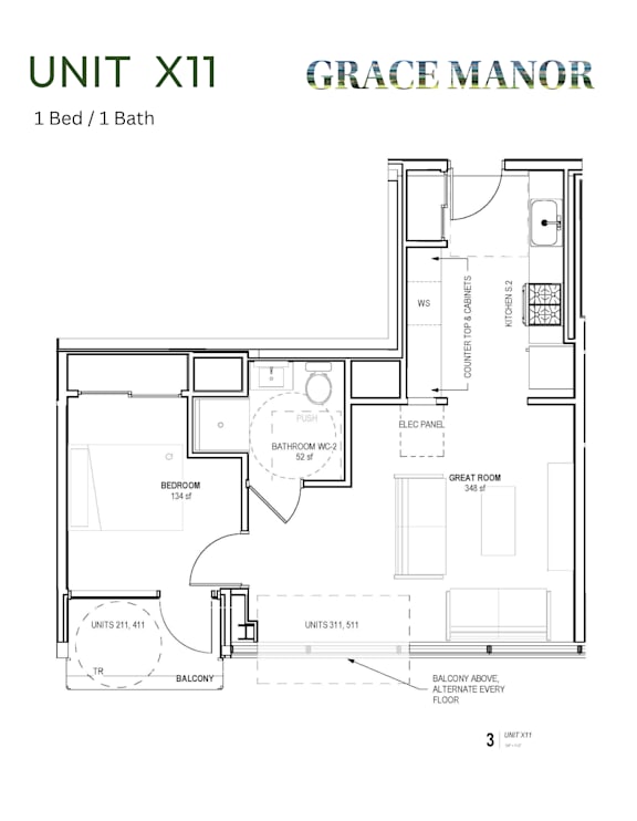 A floor plan for a unit at Grace Manor, showing a bedroom, bathroom, and great room.