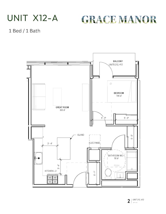 A floor plan for a 1 Bed/1 Bath unit at Grace Manor.