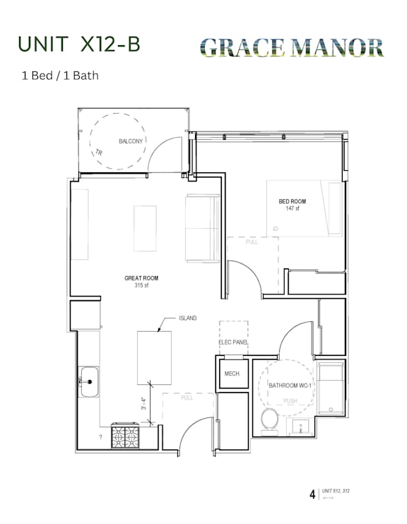 A floor plan for a 1 Bed/1 Bath unit at Grace Manor.