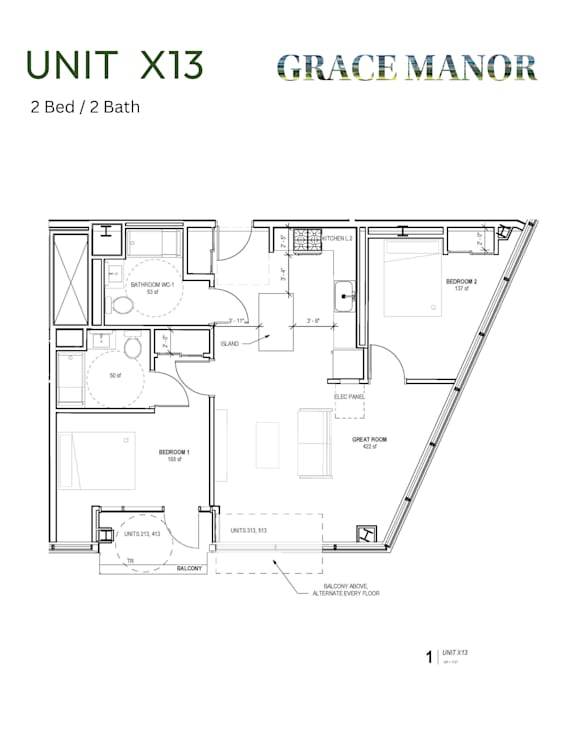 A floor plan for a 2 Bed/2 Bath unit at Grace Manor.