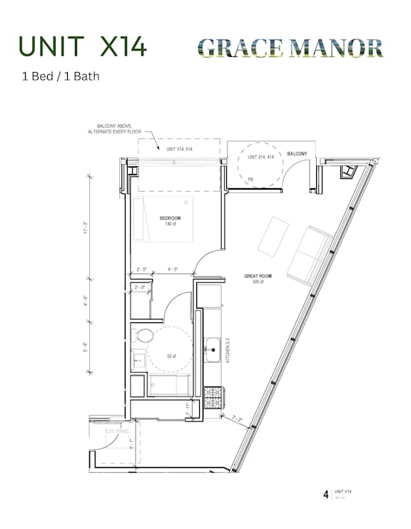 A floor plan for a unit with one bed and one bath.