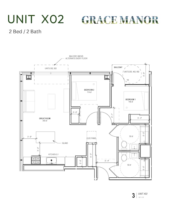 A floor plan for a 2 Bed/2 Bath unit at Grace Manor.