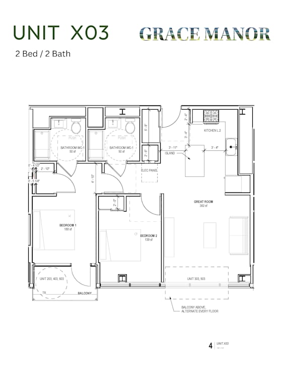 A floor plan for a 2 Bed/2 Bath unit at Grace Manor.