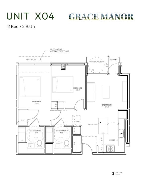 A floor plan for a 2 bedroom, 2 bathroom unit at Grace Manor.