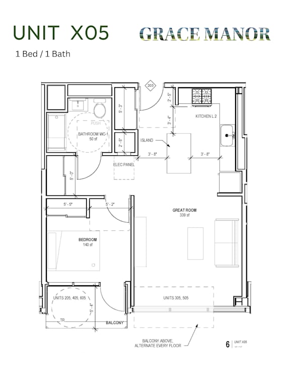 A floor plan for a 1 bedroom unit at Grace Manor.