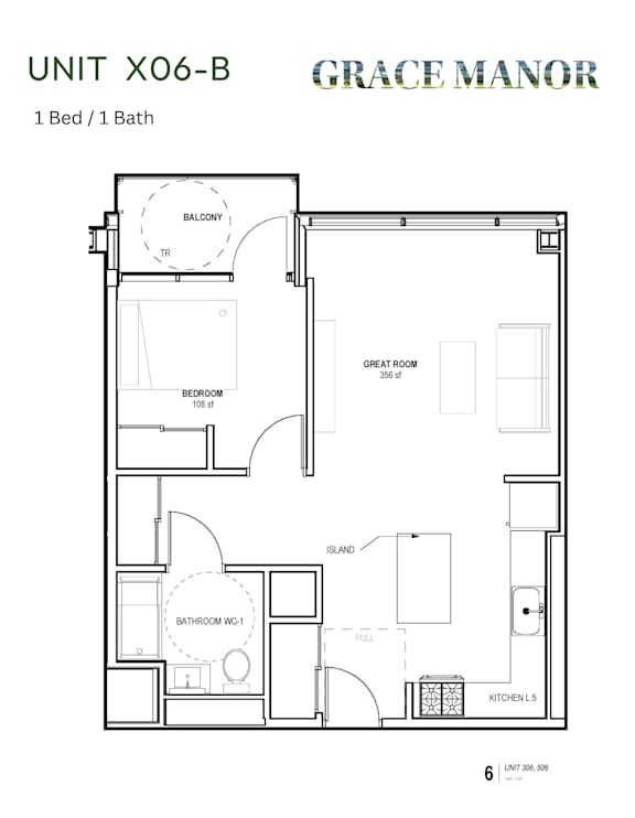 A floor plan for a 1 Bed/1 Bath unit at Grace Manor.