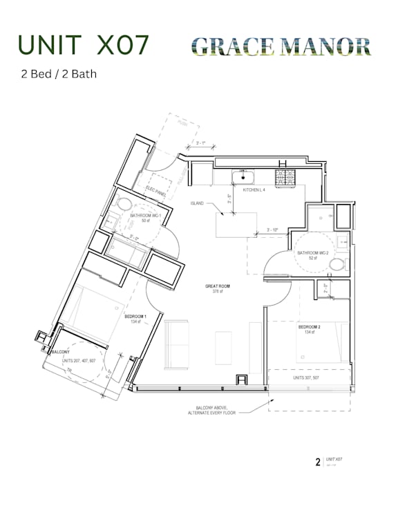 A floor plan for a 2 Bed/2 Bath unit at Grace Manor.