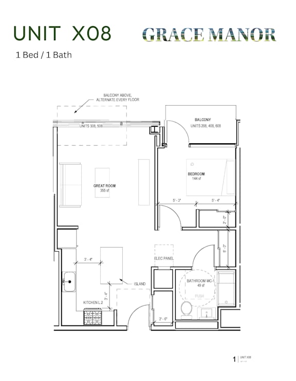 A floor plan for a 1 bedroom unit at Grace Manor.