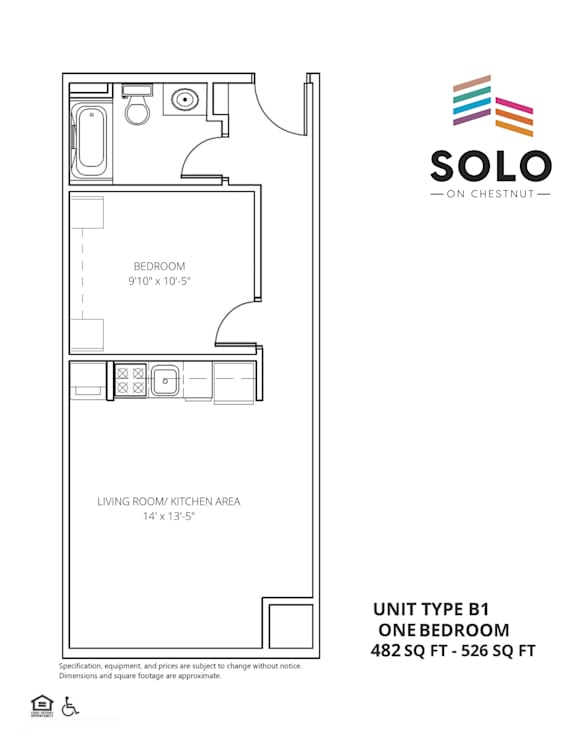 A floor plan for a one bedroom apartment measuring 482 square feet.