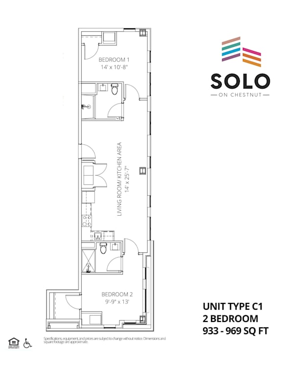A floor plan for a 2 bedroom apartment sized 933-969 square feet.