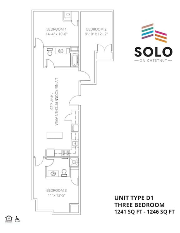 A drawing of a three bedroom apartment layout.