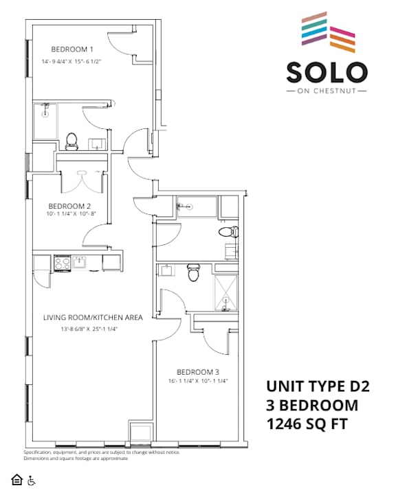 A floor plan for a 3 bedroom apartment sized at 1246 square feet.