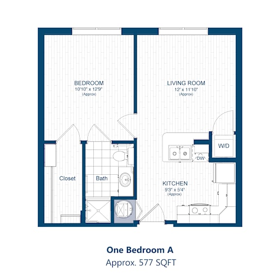 A floor plan of a one bedroom apartment with a kitchen and living room.