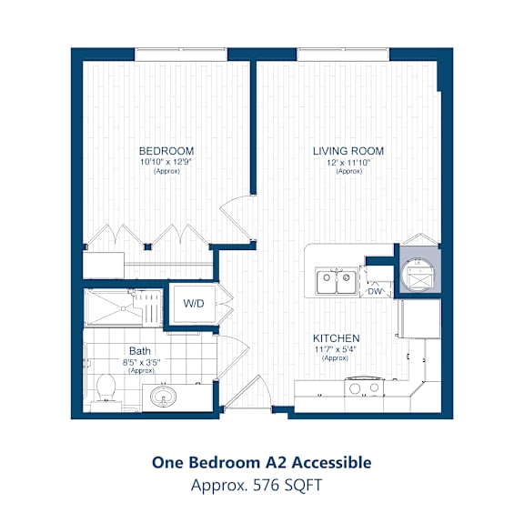 A floor plan of a one bedroom apartment with a bathroom, living room, and kitchen.