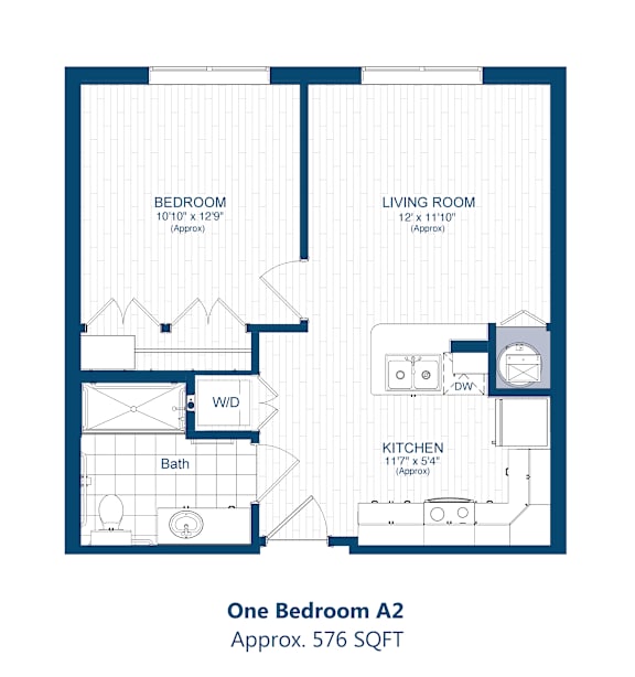 A floor plan of a one bedroom apartment with a living room, bedroom, kitchen and bath.