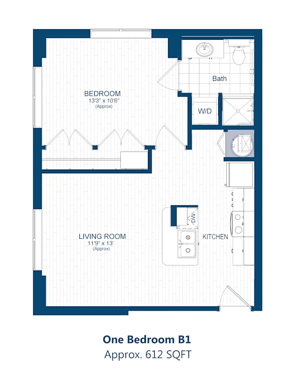 A floor plan of a one bedroom apartment with a living room, kitchen and bath.