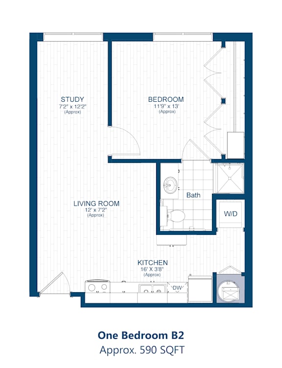 A floor plan of a one bedroom apartment with a study, living room, kitchen and bathroom.