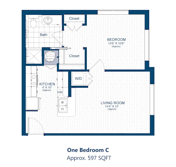 A floor plan of a one bedroom apartment with a kitchen and living room.
