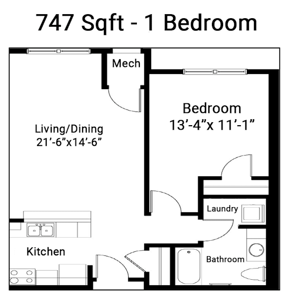 A floor plan of a 1 bedroom apartment sized at 747 square feet.