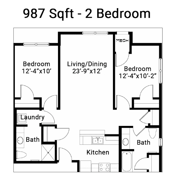 A floor plan of a 987 square foot 2 bedroom apartment.