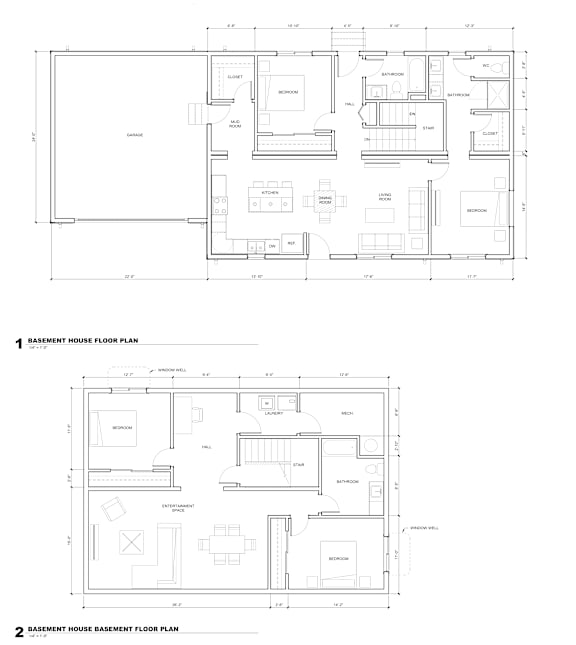 Two floor plans for a basement house showing the first and second floor layouts.