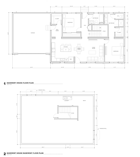 Two floor plans for a basement house, one showing the entire floor and the other focusing on the basement.