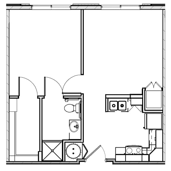 A black and white drawing of a floor plan with various rooms and objects.