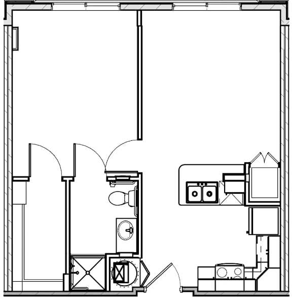 A black and white drawing of a floor plan with various rooms and objects.