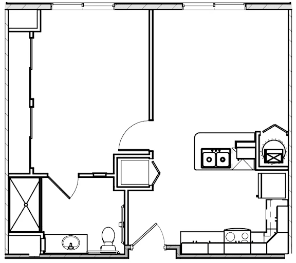 A black and white drawing of a floor plan with various rooms and objects.