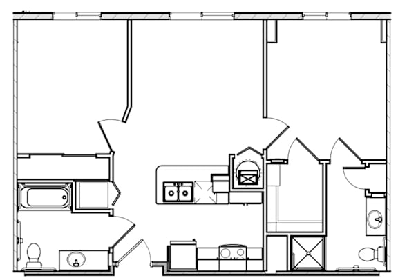 A black and white drawing of a house with a kitchen, living room, and bathroom.