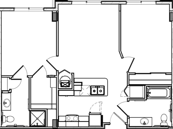A black and white drawing of a house with a kitchen, living room, and bathroom.
