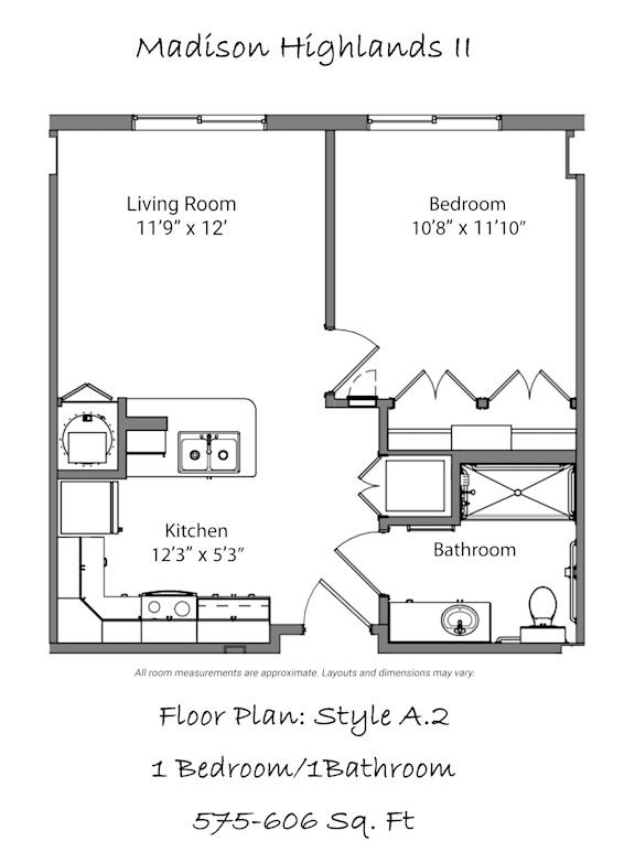 A floor plan for a one bedroom/one bathroom apartment.