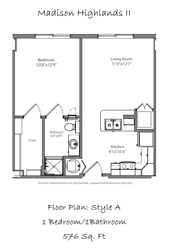 A floor plan for a one bedroom, one bathroom apartment at Madison Highlands Senior Apartments.