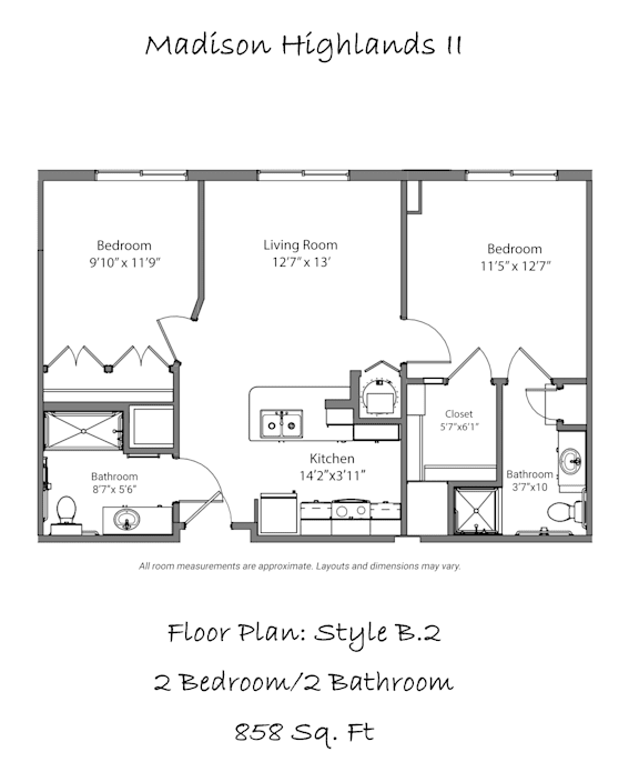 A floor plan for a 2 bedroom/2 bathroom apartment at Madison Highlands affordable Senior Apartments.